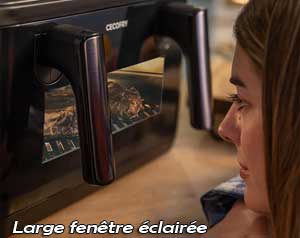 Large fenêtre éclairée pour voir les aliments qui cuisent sans ouvrir le panier