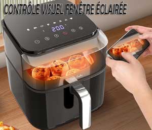 Fenêtre éclairée de la friteuse à air chaud.